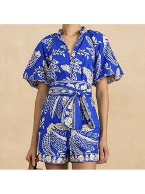 Farm Rio Lace Bananas Blue and White Romper/Jumpsuit szXL, fits like XXL